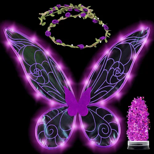 Vista 10 de Disfraz de hada Funcredible para mujeres y niñas - Alas de hada con luz y corona de flores, brillo - Alas de mariposa Negro