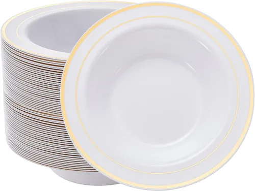 Vista 8 de N9R 30 cuencos de sopa desechables con relieve dorado, cuencos de plástico de 12 onzas para vacaciones, fiestas, bodas, catering y uso diario