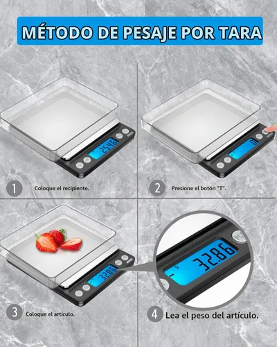 Vista 2 de AMIR - Báscula digital de cocina, 17.64 oz, báscula de bolsillo para joyas, báscula de cocina con pantalla LCD retroiluminada, 2 bandejas, 6