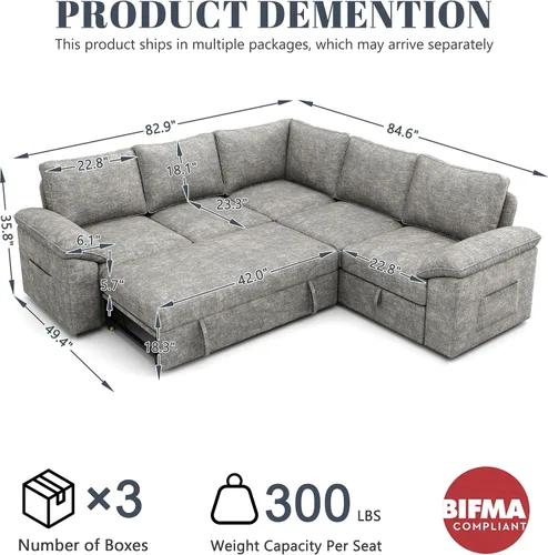 Vista 3 de Sofá modular de 85 pulgadas con cama extraíble, sofá modular de 5 asientos en forma de L con almacenamiento, sofás seccionales para sala de estar