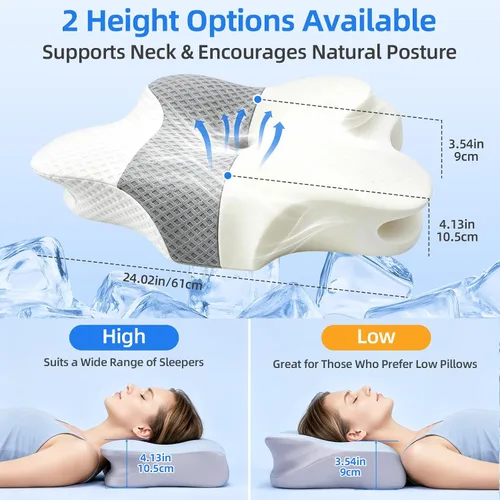 Vista 3 de Ergonomic Memory Foam Cervical Pillow for Neck and Shoulder Pain Relief,2 Heights Memory Foam Pillows for Neck Support for Side Sleep Stomach Blue