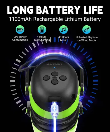 Vista 3 de ZOHAN 037 Auriculares de protección auditiva Bluetooth con batería recargable de 1500 mAh, NRR 25dB reducción de ruido orejeras con 40 horas de Verde