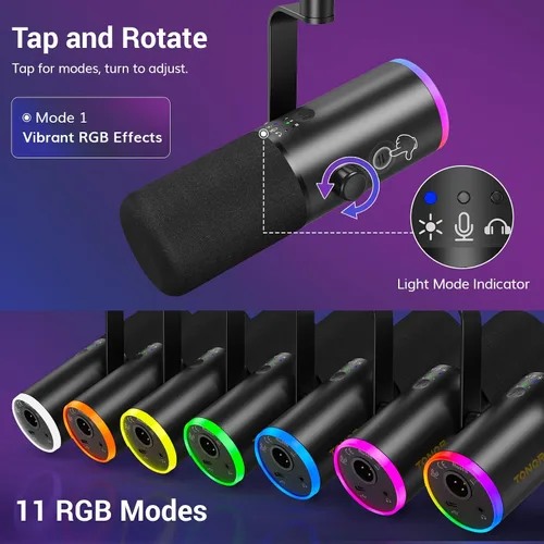 Vista 4 de TONOR Micrófono dinámico para juegos, transmisión de micrófono XLR/USB, cancelación de ruido AI, RGB controlable, Tap Mute, conector