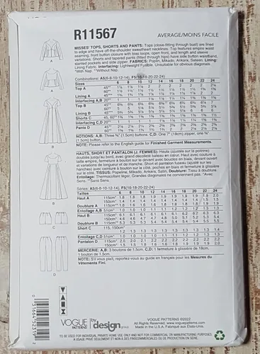 Vista 2 de Patrón de costura Vogue R11567 Tops, pantalones cortos y pantalones de señoritas F5 (16-18-20-22-24)