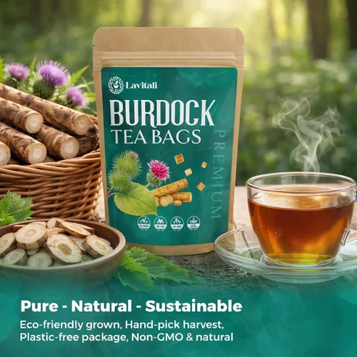 Vista 4 de Lavitali, Bolsas de té de raíz de bardana 60 bolsas, té de hierbas 100% puro Sin cafeína, bolsa de filtro ecológica rica en antioxidantes