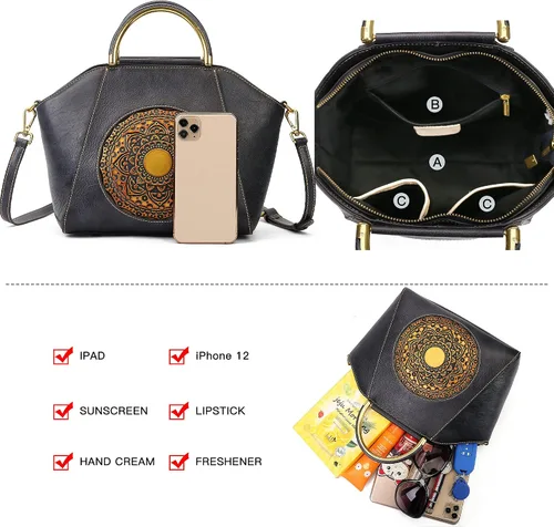 Vista 7 de Bolsos de cuero genuino para mujer, organizador retro de cuero de curtido vegetal, bolso de hombro de tótem en relieve vintage