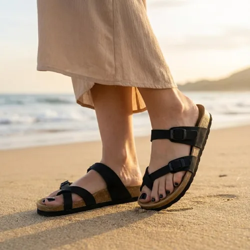 Vista 7 de CUSHIONAIRE Luna - Sandalias con plantilla de corcho para mujer con correas Negro
