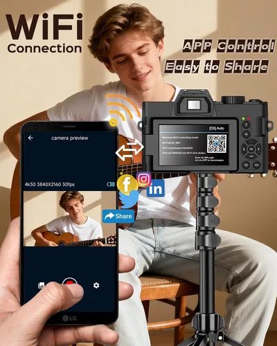 Vista 4 de Cámara digital 5K para fotografía con WiFi 48MP cámara de vlogging para principiantes con pantalla abatible, gran angular y lente macro, micrófono