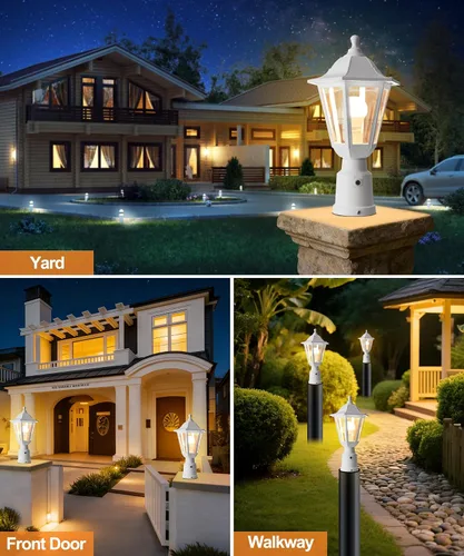 Vista 7 de FUDESY Luz de poste para exteriores del atardecer al amanecer, linterna exterior moderna blanca con base de montaje en muelle, lámpara impermeable