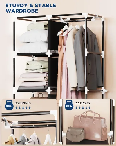 Vista 4 de Mavivegue Armario portátil, Armario de ropa, Armario portátil para colgar ropa, para dormitorio y sala de estar, Negro, 2 filas, 34" de ancho x 18