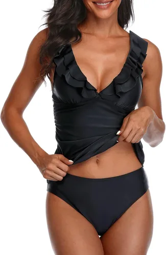 Vista 3 de Yonique Traje de baño de 2 piezas con volantes falbala para mujer cuello en V profundo
