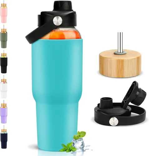 Vista 18 de PROBTTL Botellas de agua de vidrio de 32 onzas, vaso de vidrio de 1 litro, botella de agua de borosilicato con popote, funda de silicona, 2 tapas