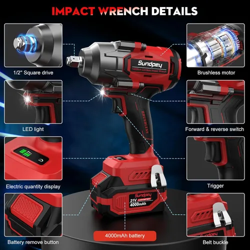 Vista 7 de Sundpey Llave de impacto inalámbrica de 1033 pies-libras, pistola de impacto de alto par de 1400 N·m, destornillador de impacto sin escobillas de 21
