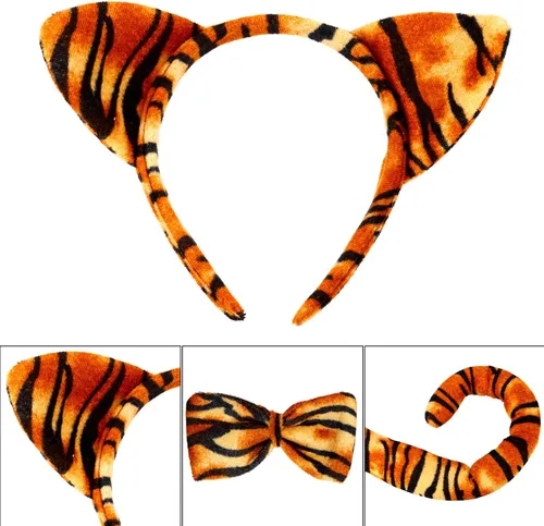 Vista 3 de Juego de disfraces de tigre, orejas de tigre, cola de nariz y pajarita, juego de disfraz de animal elegante, accesorios para niños, Halloween