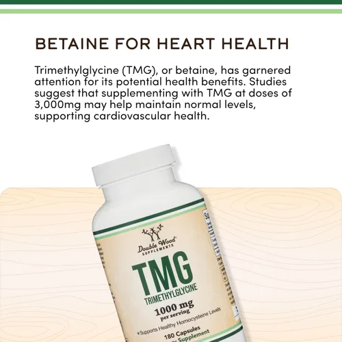 Vista 4 de Double Wood Supplements TMG Suplemento de trimetilglicina 1,000 mg por porción, 180 cápsulas (suplementos TMG para control de homocisteína) TMG