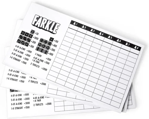Vista 2 de Brybelly Farkle Scorecards - Juego de 75 hojas de puntuación de repuesto para juegos de dados Farkle para hasta 8 jugadores