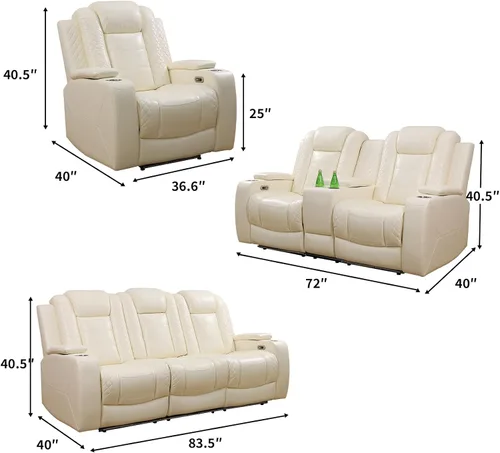 Vista 28 de Juego de sofá reclinable eléctrico, seccional de cuero transpirable beige, juego de muebles de sala de estar, 2 piezas, sofá reclinable eléctrico