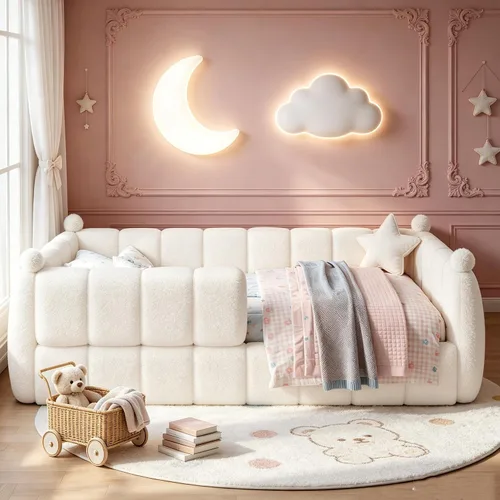 Vista 3 de Bellemave Cama Montessori tapizada de tamaño individual con valla, color Peluche beige