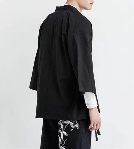 Vista 2 de HZCX FASHION Chaquetas tipo kimono para hombre, bata ligera de algodón y lino, cárdigan samurái