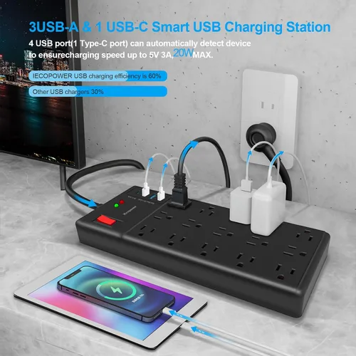 Vista 3 de Regleta de alimentación con protector de sobretensiones, 15 tomas de corriente ampliamente espaciadas y 4 puertos USB (1 puerto USB C), cable