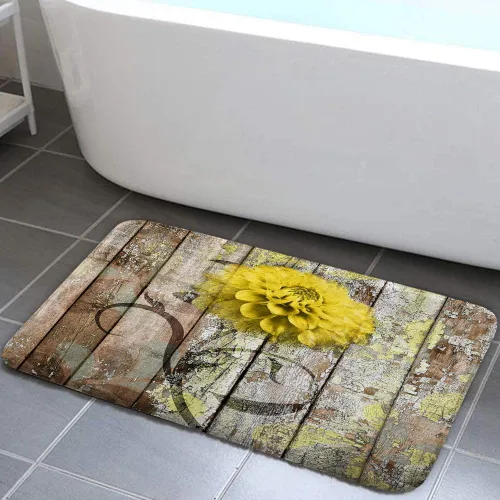 Vista 16 de JAWO Alfombra de baño con flores de granja, dalia en tablones de madera rústica, juego de tapetes de baño con flores azules, en forma de U