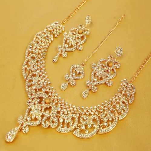 Vista 151 de Conjunto precioso de collar con look real Indian Bollywood, maravillosamente decorado, conjunto de collar adornado para mujer.