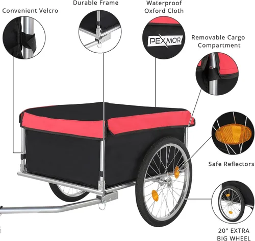 Vista 3 de PEXMOR Remolque de carga para bicicleta, carrito de bicicleta plegable con enganche universal para bicicleta y rueda de liberación rápida de 20