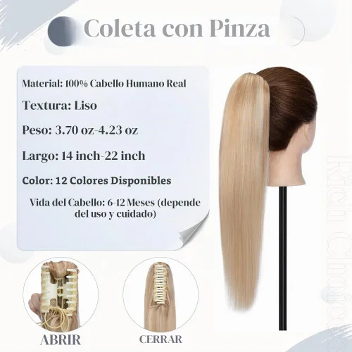 Vista 4 de Rich Choices Extensión de cola de caballo con clip de garra, cabello humano real, una pieza, extensiones de cabello largo Remy para mujer, #18P613