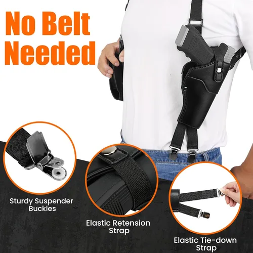 Vista 5 de Funda de Hombro para Transporte Oculto, Yigerlee Funda de Pistola Ajustable Vertical con Doble Funda para Cargadores, Hecha de Cuero de Microfibra