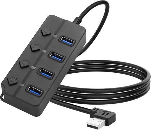 Vista 9 de Divisor de concentrador USB de 90 grados YACSEJAO USB 2.0 Hub de datos con botón LED individual interruptor de encendido/apagado DC5.5 x 2.1 puerto