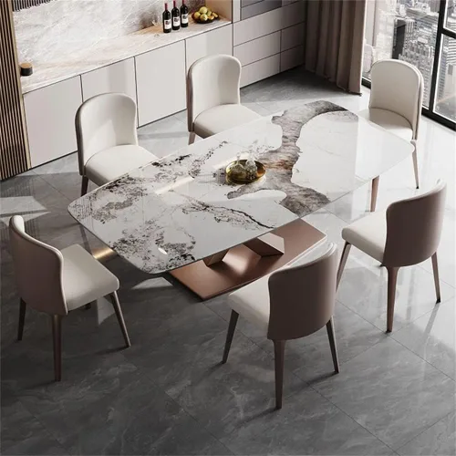 Vista 2 de LAKIQ Mesa de comedor rectangular moderna con pedestal de piedra sinterizada, mesa de pizarra con pedestal para comedor, sala de estar, solo mesa