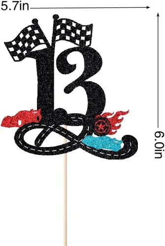 Vista 2 de Decoración para tartas de cumpleaños número 13, decoración para tartas de trece años con purpurina rápida, bandera a cuadros, pista de carreras