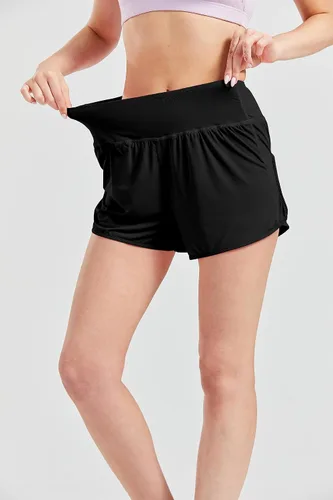 Vista 4 de YLDUJ AMUM Pantalones cortos deportivos de cintura alta para mujer con forro para entrenamiento, gimnasio, correr, con bolsillos con cremallera