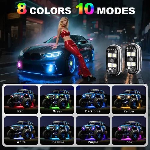 Vista 2 de 4 luces LED estroboscópicas inalámbricas con control remoto, 4 luces LED inalámbricas de alto brillo, 8 colores, impermeables, anticolisión, luces