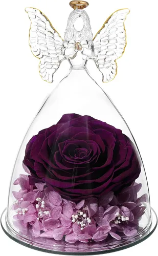 Vista 4 de Regalo de rosa para el día de la madre, rosa real preservada en figura de ángel de cristal grande, regalos de rosas para mujeres, regalo de flores