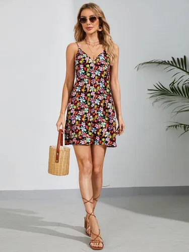 Vista 6 de Floerns - Vestido corto de verano con estampado floral de cerezas, acampanado para mujer