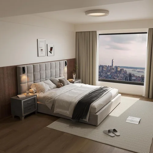 Vista 10 de base de cama de plataforma tamaño queen con 1 mesita de noche de conjunto 1+1, elegante cama tapizada de terciopelo con cabecero acolchado