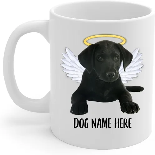 Vista 2 de Taza de café conmemorativa con nombre personalizado, diseño de alas de ángel, color negro, labrador retriever, regalos de condolencias