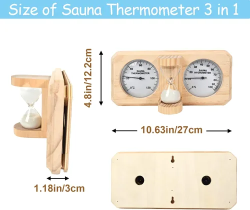Vista 2 de ikare Termómetro e higrómetro para sauna 3 en 1 de madera con temporizador de arena de reloj de arena de 15 minutos, accesorios de pared para sauna