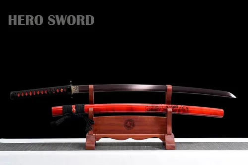 Vista 4 de Espada samurái hecha a mano, espada katana de espiga completa, acero de Damasco forjado a mano, arma japonesa real afilada de 41 pulgadas, rojo