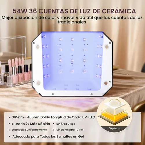 Vista 3 de Lavinda Lámpara de uñas LED UV de 54 W, luz de uñas de gel enchufable con pantalla LCD, 4 temporizadores, sensor automático, longitud de onda doble