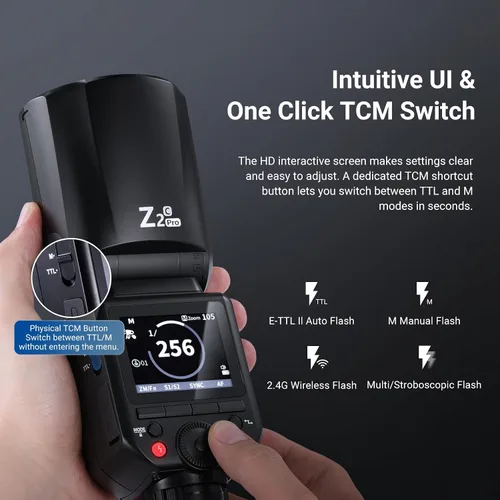 Vista 4 de NEEWER Z2PRO-C 2.4G TTL Flash Speedlite de cabeza redonda compatible con Canon, inalámbrico compatible con Godox, interfaz de usuario mejorada, 76Ws