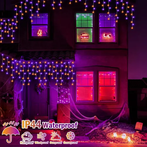 Vista 4 de Luces de Halloween para exteriores de 52 pies, 480 luces LED de Halloween moradas y naranjas, 12 modos de iluminación con temporizador de memoria