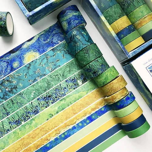 Vista 5 de CooBigo Juego de cintas Washi, 12 rollos de 4 tamaños de cintas adhesivas decorativas para manualidades, álbumes de recortes, bricolaje, Pista azul