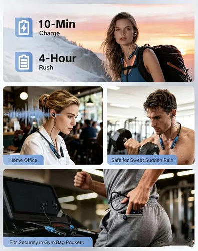 Vista 5 de JL&MI Neckband - Auriculares Bluetooth con batería extra de 1000 horas, con cancelación de ruido, 80 horas de reproducción, auriculares para correr
