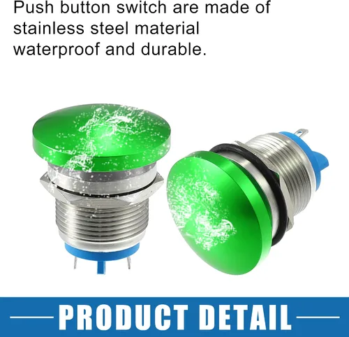 Vista 5 de Impermeable IP65 Momentaria Cabeza de Seta Interruptor de Botón para Coche Metal 0.748 in 3A 250V Botón Interruptor Verde (juego de 2)