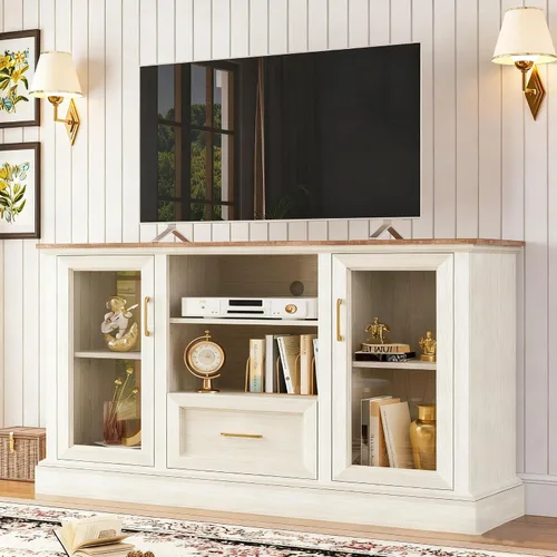 Vista 7 de Soporte de TV de granja para TV de 55/60/65 pulgadas, consola multimedia alta con 2 puertas de vidrio y 3 estantes ajustables, centro