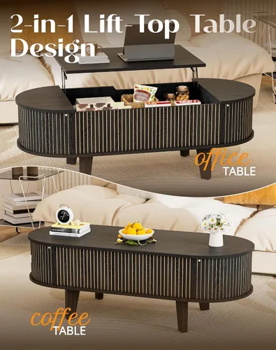 Vista 7 de Mesa auxiliar ovalada con almacenamiento, de madera acanalada de 47 pulgadas, moderna mesa de centro de mediados de siglo para sala de estar