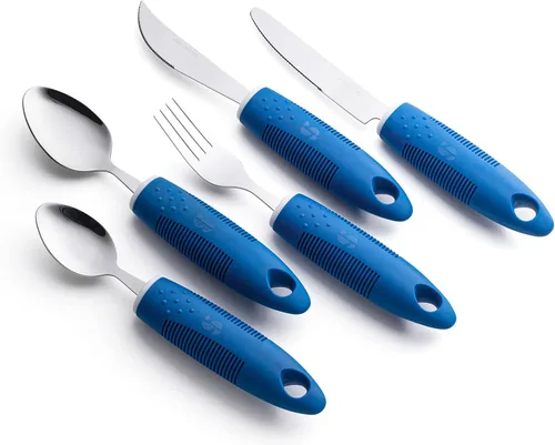 Vista 8 de Special Supplies Utensilios adaptativos (juego de cocina de 5 piezas) anchos, sin peso, asas antideslizantes para temblores de manos, artritis