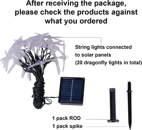 Vista 2 de 20 luces LED solares de libélula, 8 modos de luces de Navidad impermeables al aire libre, 10 pies alimentadas por energía solar, luces de libélulas